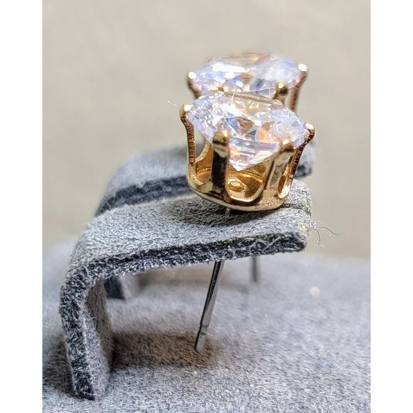 Gold Tone Six Prong Large CZ Post Stud Earrings - Picture 3 of 8